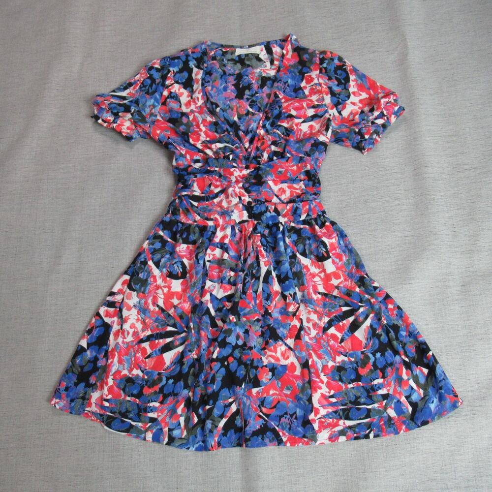 Urban Outfitters Dress Womens Small Blue Red Floral Fit & Flare Tropical Ruched